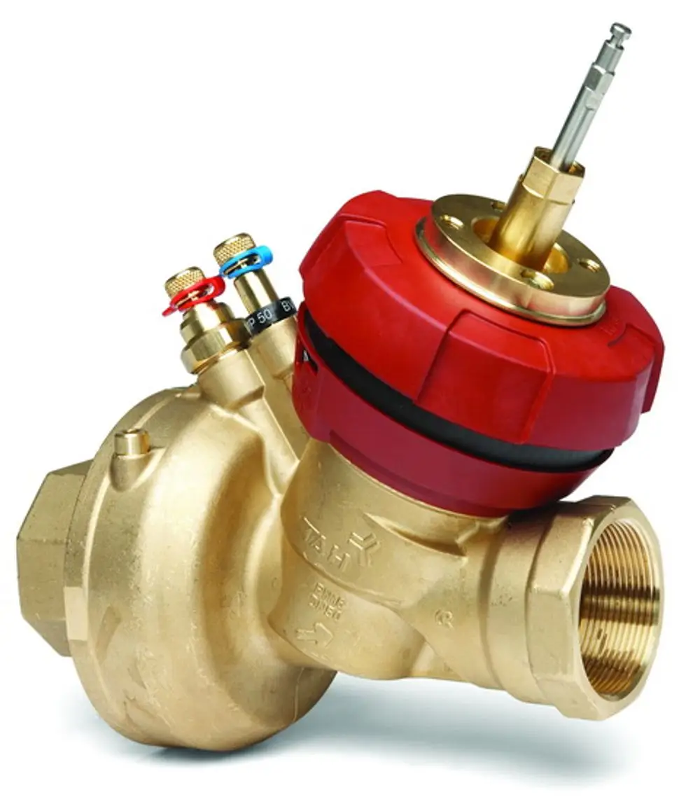 Regelventil von IMI Hydronic Engineering mit rotem Kopf und verstellbaren Druckanschlüssen. Aus Messing, mit Innengewinde, für die Regelung von Flüssigkeitsströmungen.